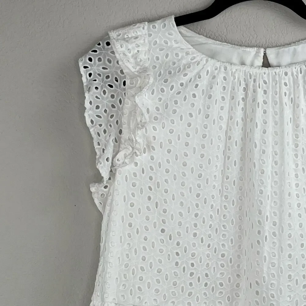 Vince Camuto White Eyelet Ruffle Keyhole Back Tiered Fit & Flare Mini Dress 14/L